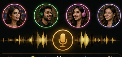 Live community room preview with voice wave and creator avatars